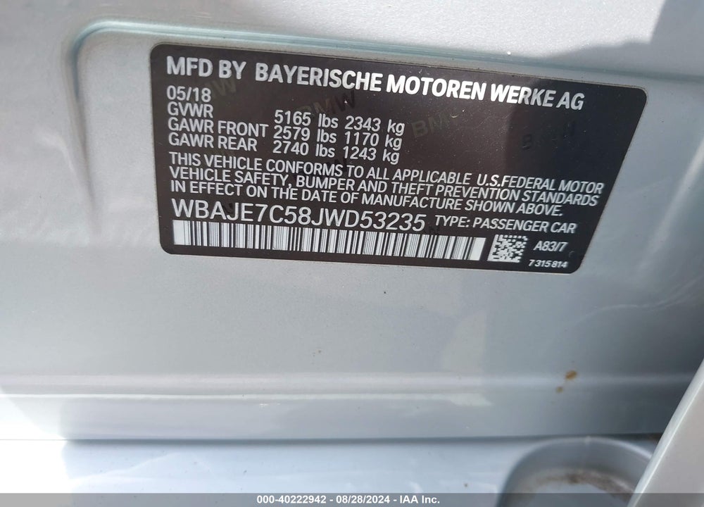 2018 BMW 540I XDRIVE VIN: WBAJE7C58JWD53235
