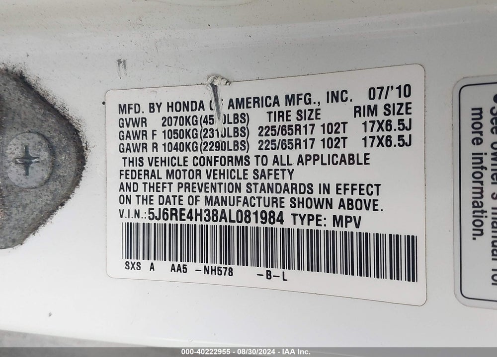 2010 HONDA CR-V LX VIN: 5J6RE4H38AL081984
