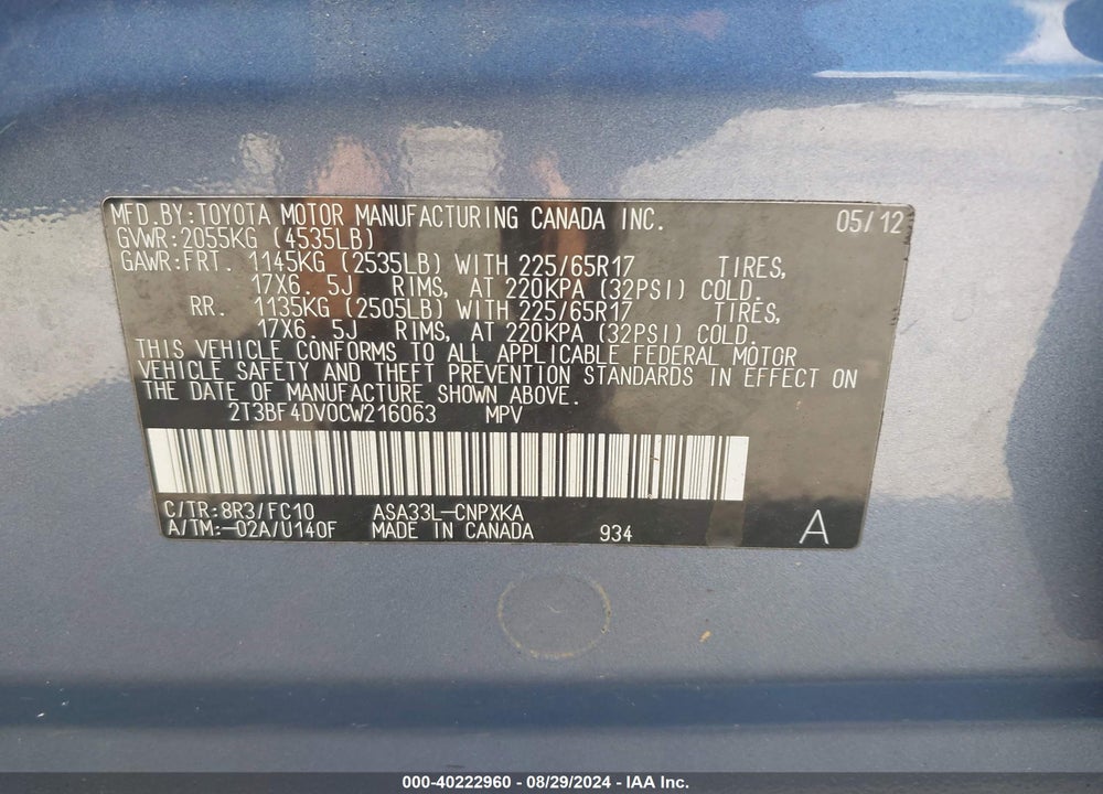 2012 TOYOTA RAV4 VIN: 2T3BF4DV0CW216063