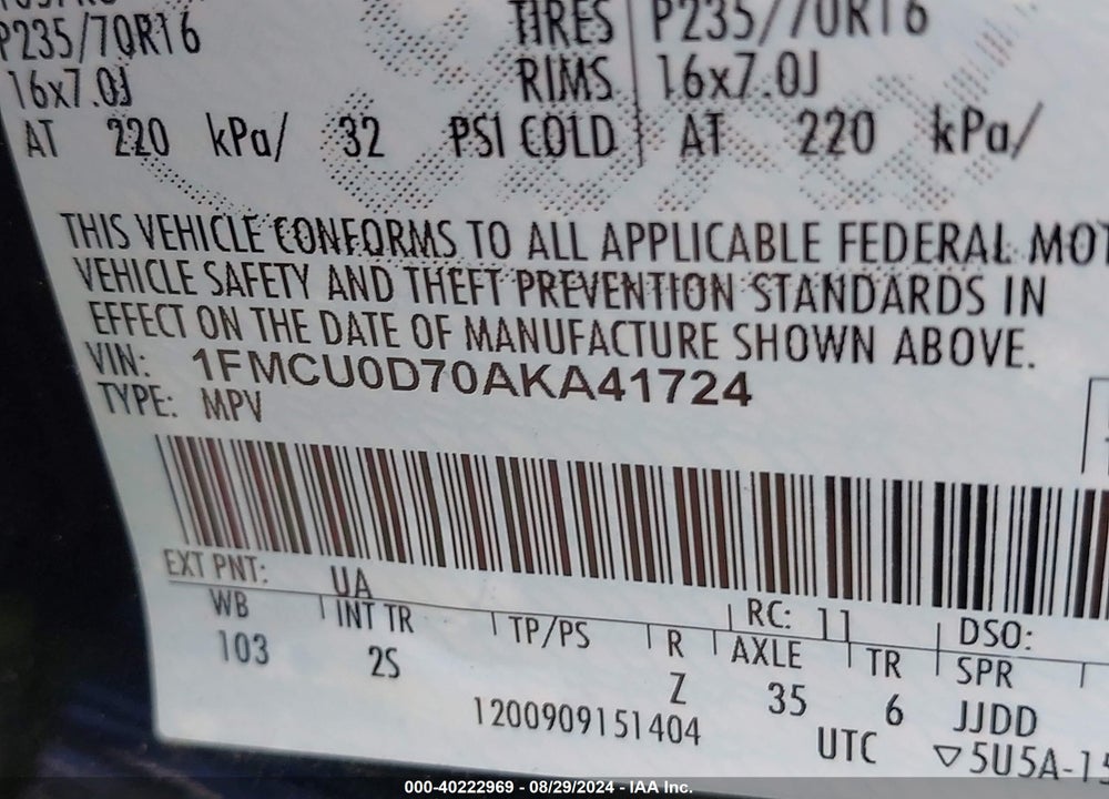 2010 FORD ESCAPE XLT VIN: 1FMCU0D70AKA41724