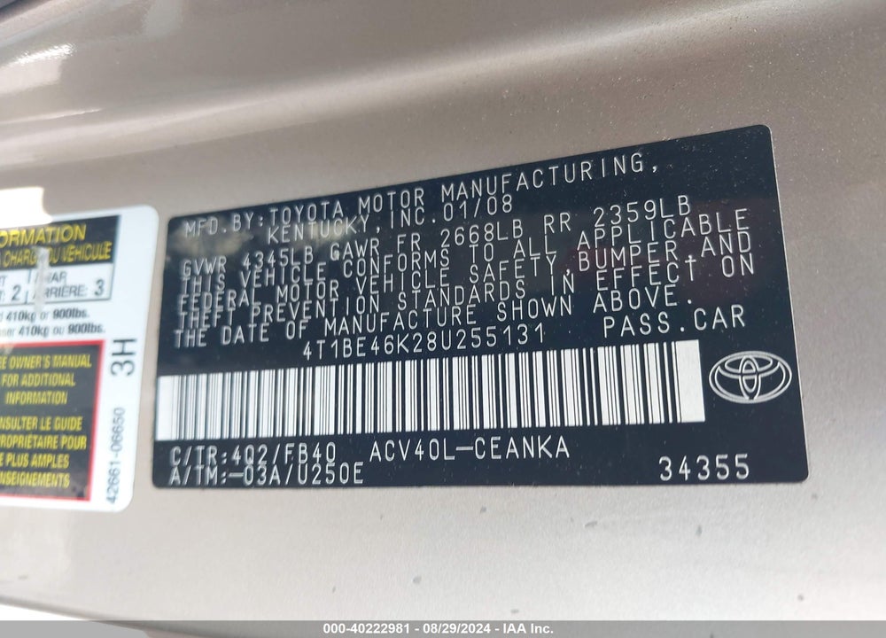 2008 TOYOTA CAMRY LE VIN: 4T1BE46K28U255131