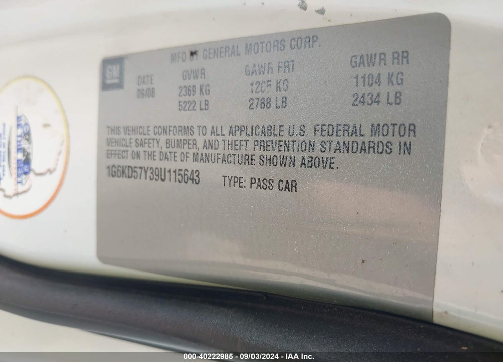 2009 CADILLAC DTS 1SD VIN: 1G6KD57Y39U115643