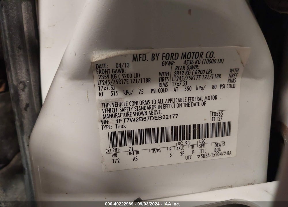 2013 FORD F-250 XL VIN: 1FT7W2B67DEB22177
