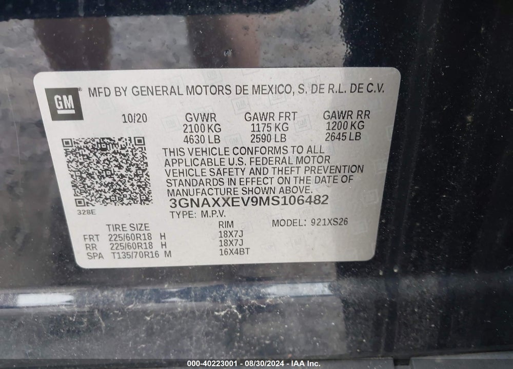 2021 CHEVROLET EQUINOX VIN: 3GNAXXEV9MS106482