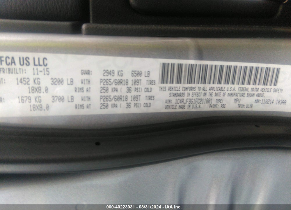 2015 JEEP GRAND CHEROKEE LIMITED VIN: 1C4RJFBG1FC211801