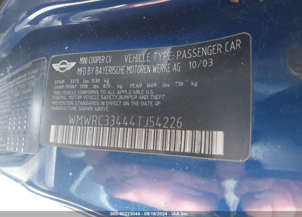 2004 MINI COOPER VIN: WMWRC33444TJ54226