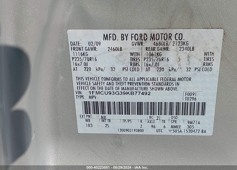 2009 FORD ESCAPE XLT VIN: 1FMCU93G39KB77492
