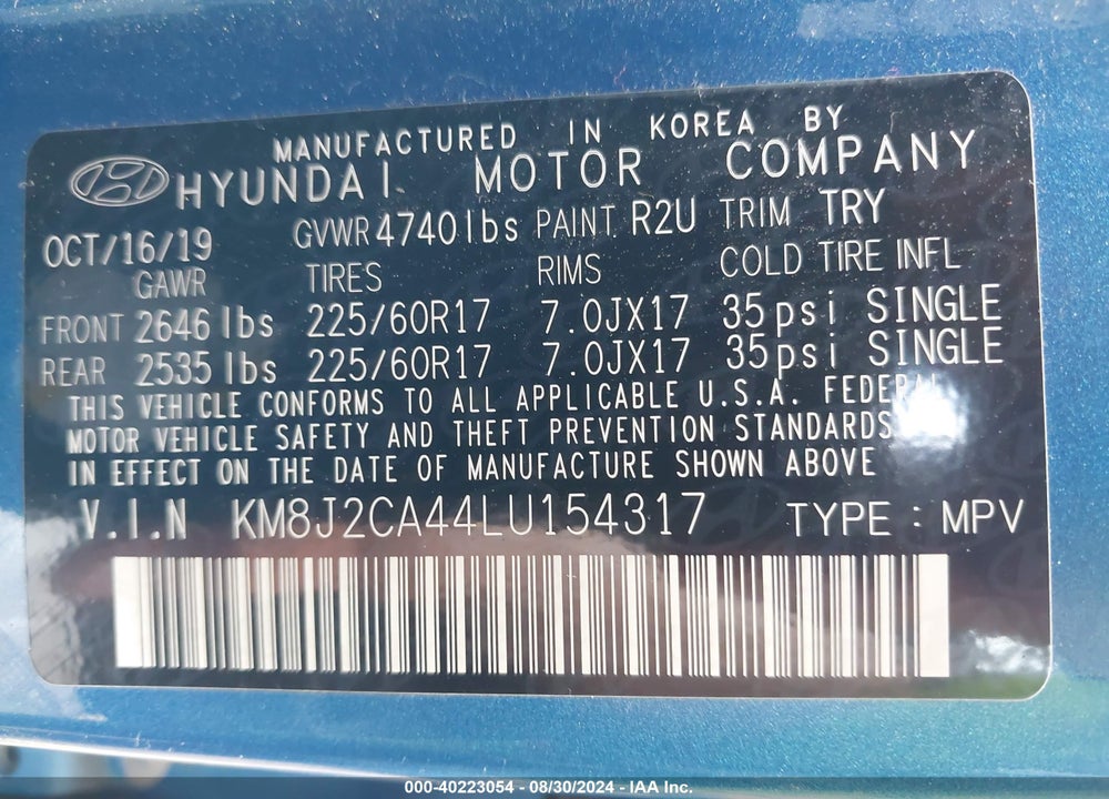 2020 HYUNDAI TUCSON SE VIN: KM8J2CA44LU154317