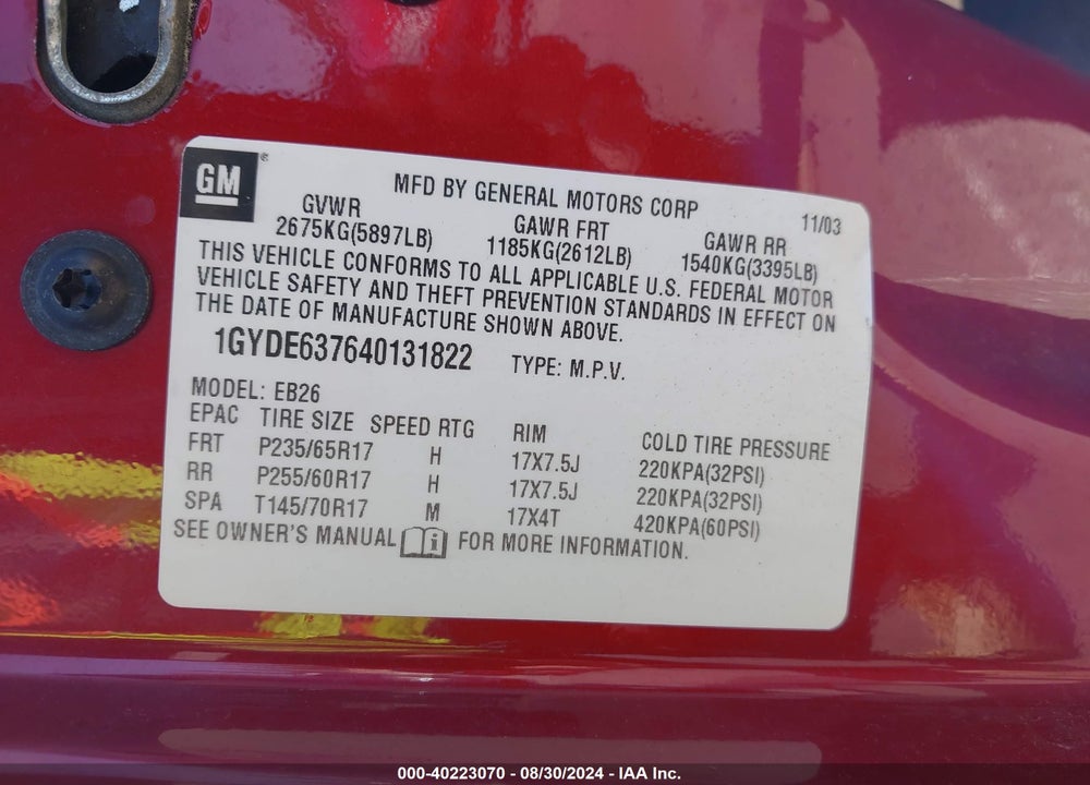 2004 CADILLAC SRX STANDARD VIN: 1GYDE637640131822
