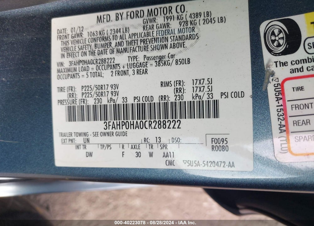 2012 FORD FUSION VIN: 3FAHP0HA0CR288222