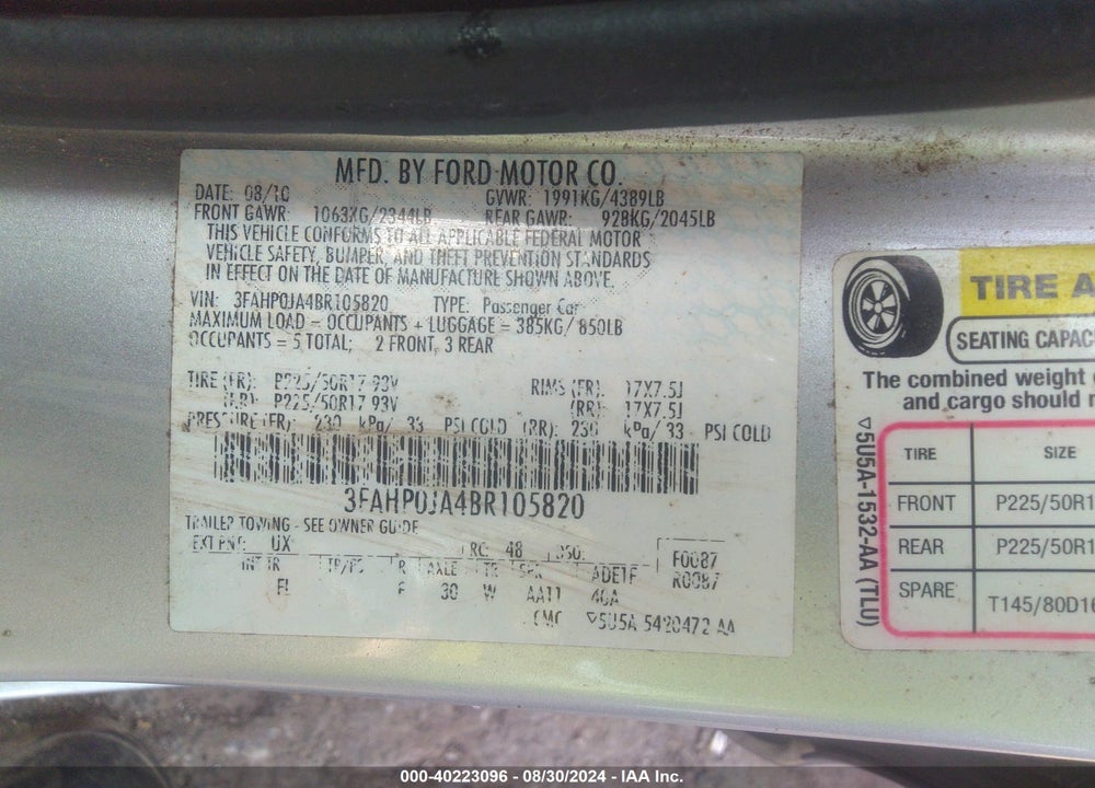 2011 FORD FUSION SEL VIN: 3FAHP0JA4BR105820