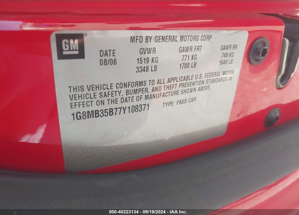 2007 SATURN SKY VIN: 1G8MB35B77Y108371