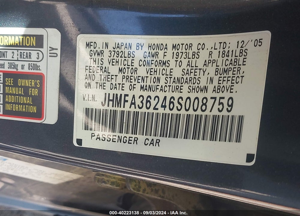 2006 HONDA CIVIC VIN: JHMFA36246S008759