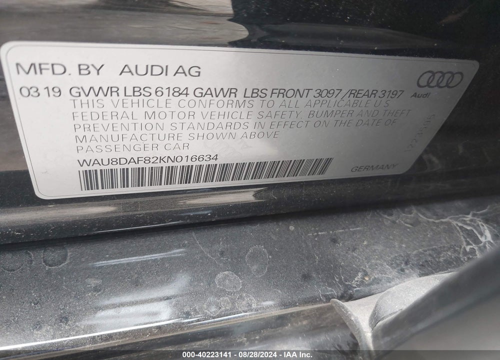 2019 AUDI A8 L 55 VIN: WAU8DAF82KN016634