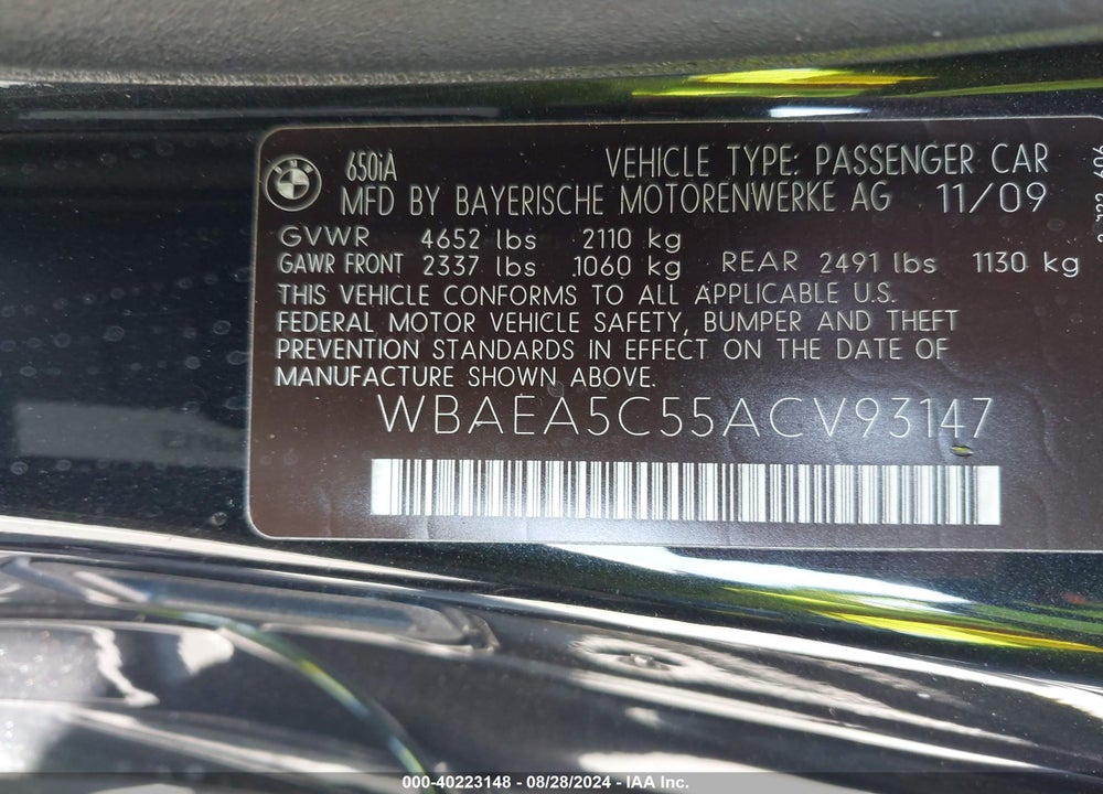 2010 BMW 650I VIN: WBAEA5C55ACV93147