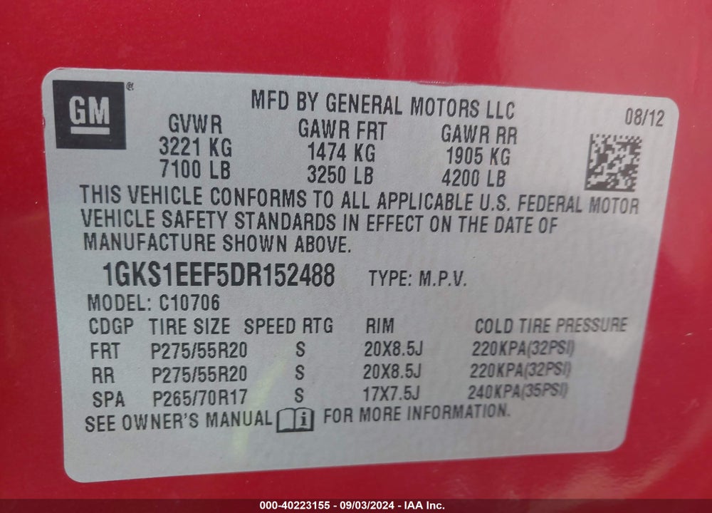 2013 GMC YUKON DENALI VIN: 1GKS1EEF5DR152488