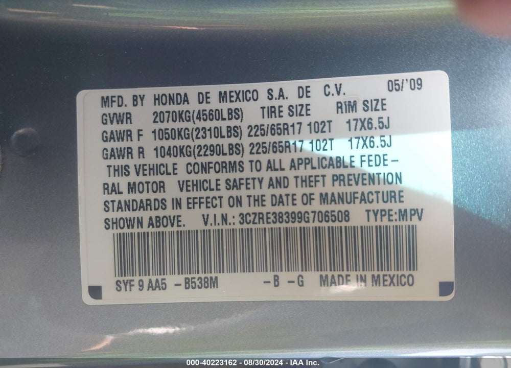 2009 HONDA CR-V LX VIN: 3CZRE38399G706508
