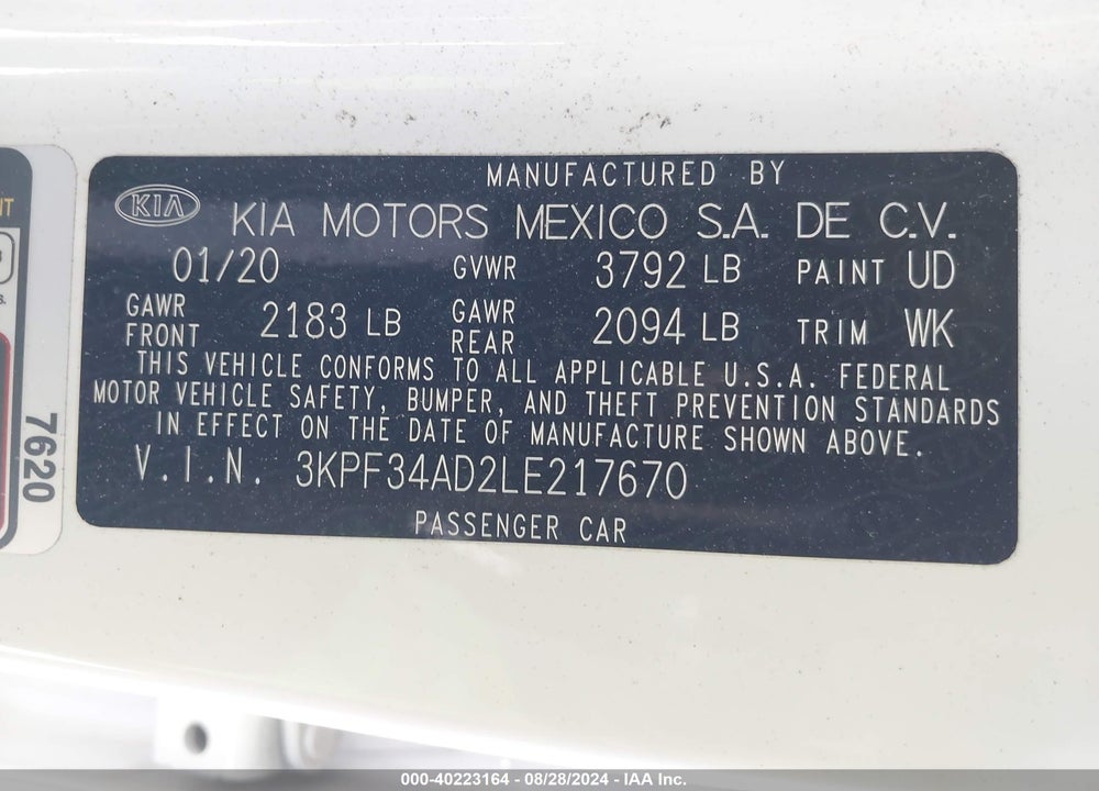 2020 KIA FORTE GT LINE VIN: 3KPF34AD2LE217670