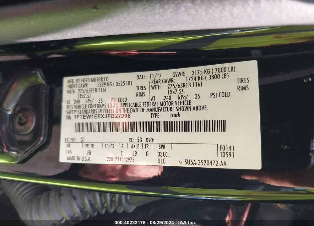 2018 FORD F-150 XLT VIN: 1FTEW1E5XJFB27996