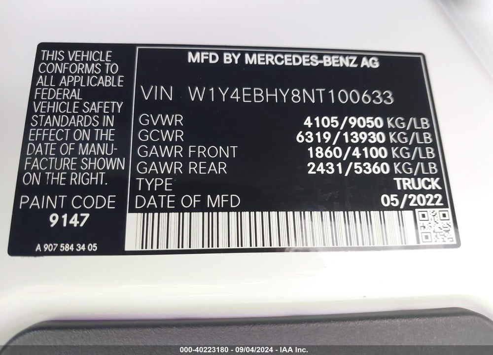 2022 MERCEDES-BENZ SPRINTER 2500 STANDARD ROOF V6 VIN: W1Y4EBHY8NT100633