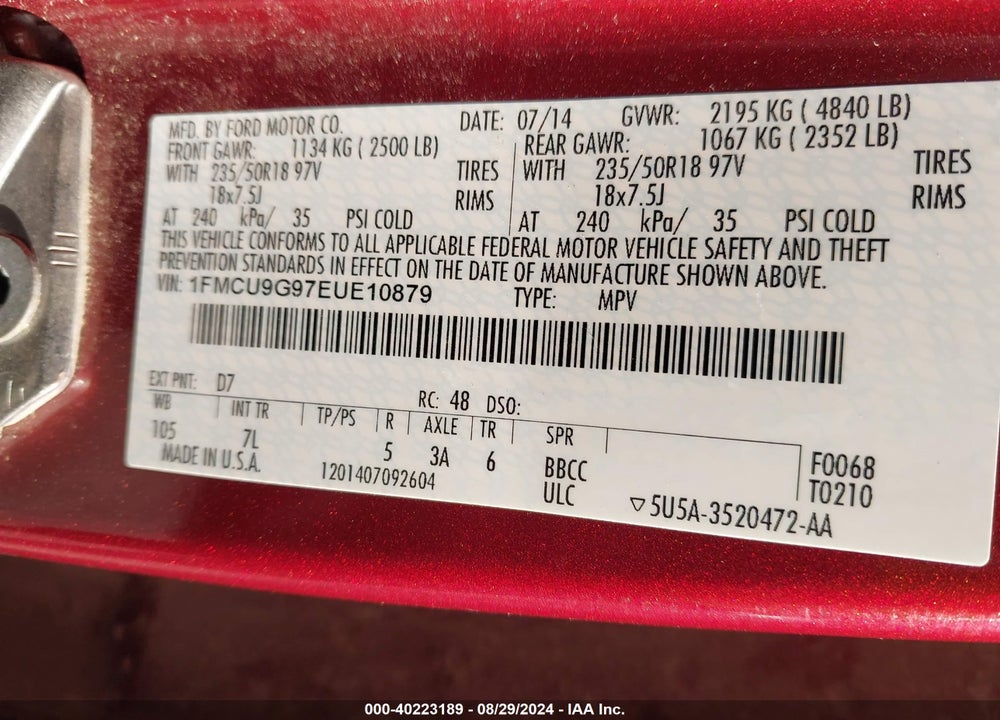 2014 FORD ESCAPE SE VIN: 1FMCU9G97EUE10879