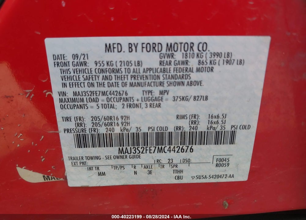 2021 FORD ECOSPORT S VIN: MAJ3S2FE7MC442676