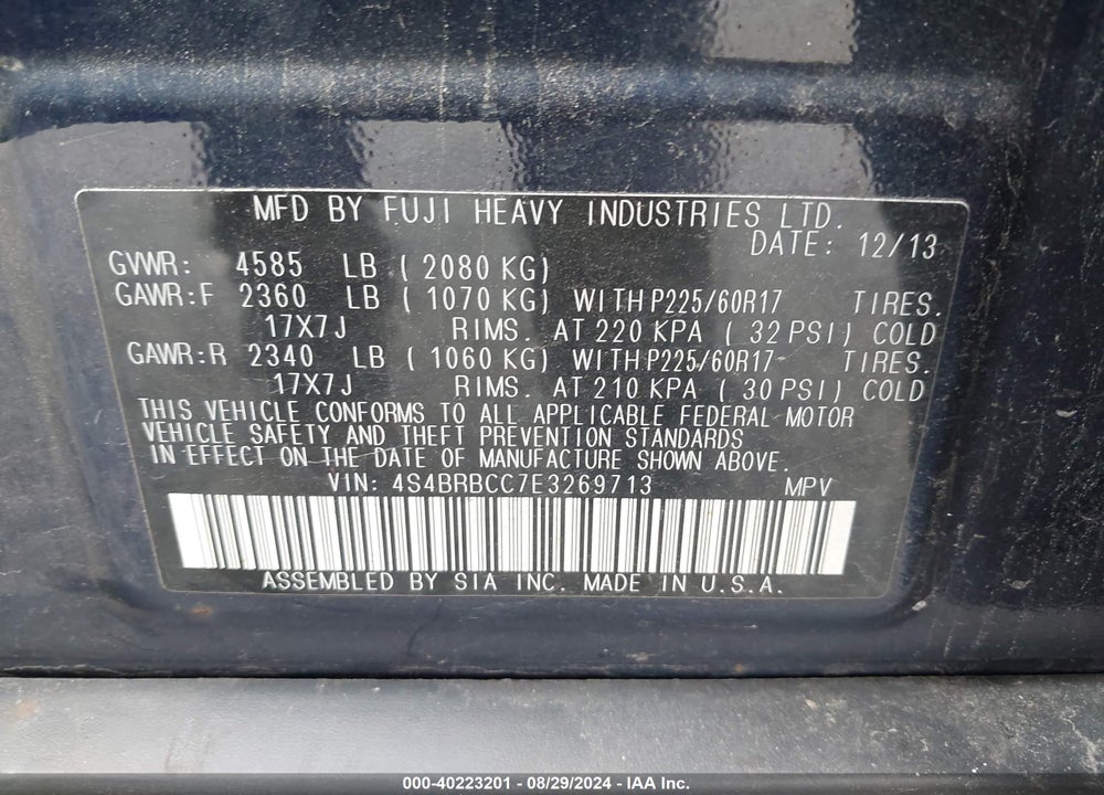 2014 SUBARU OUTBACK 2.5I PREMIUM VIN: 4S4BRBCC7E3269713