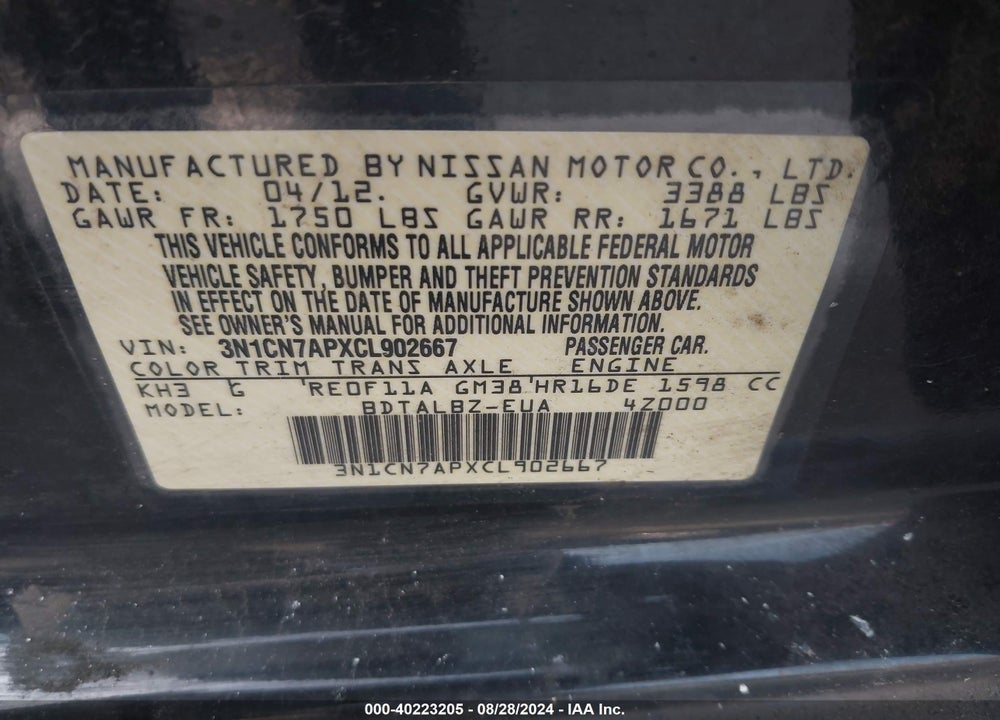 2012 NISSAN VERSA 1.6 SV VIN: 3N1CN7APXCL902667