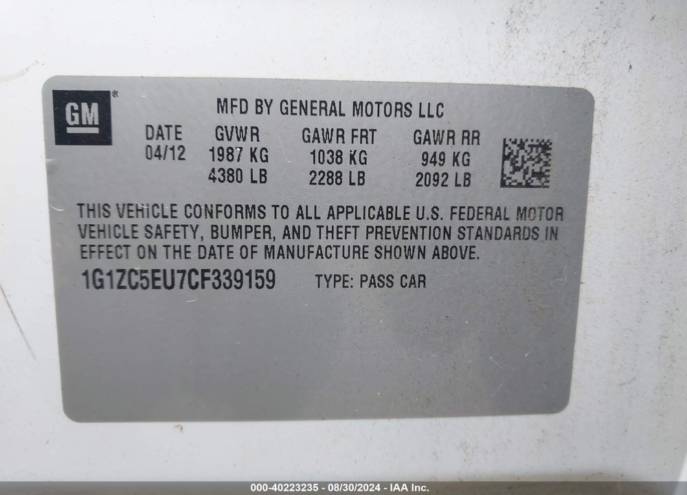 2012 CHEVROLET MALIBU 1LT VIN: 1G1ZC5EU7CF339159