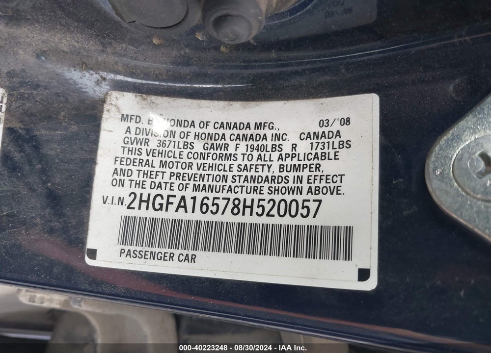 2008 HONDA CIVIC SDN LX VIN: 2HGFA16578H520057