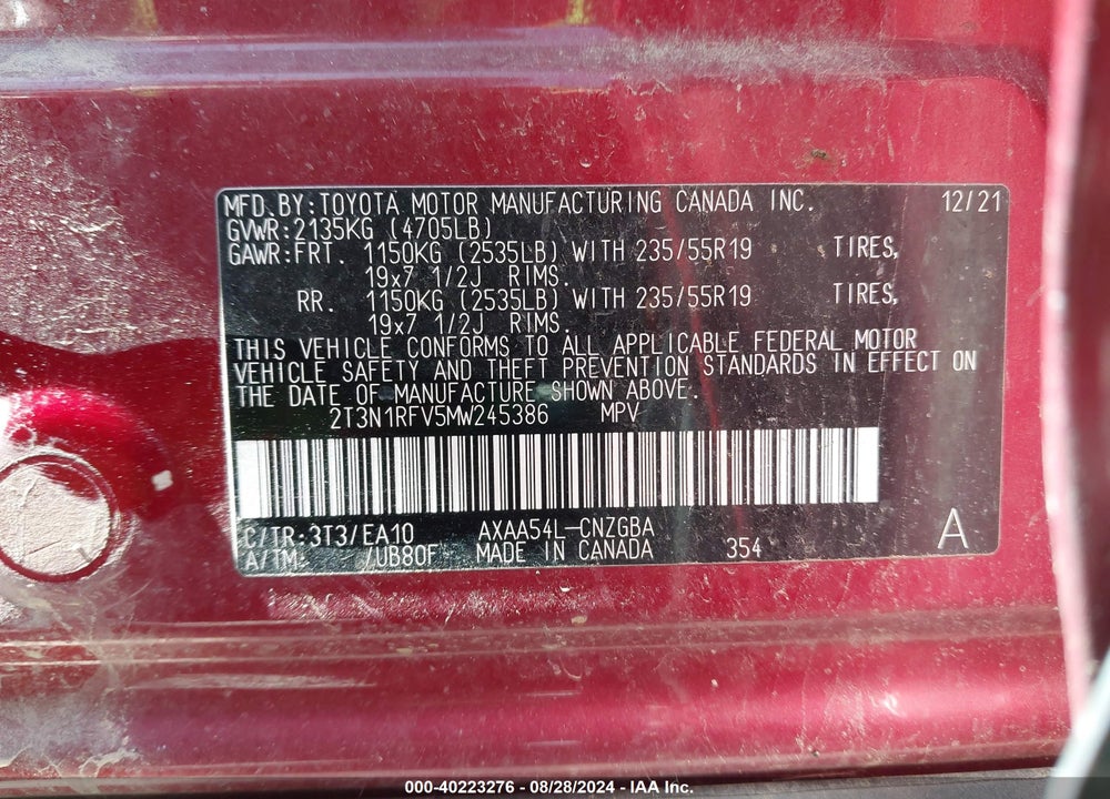 2021 TOYOTA RAV4 LIMITED VIN: 2T3N1RFV5MW245386