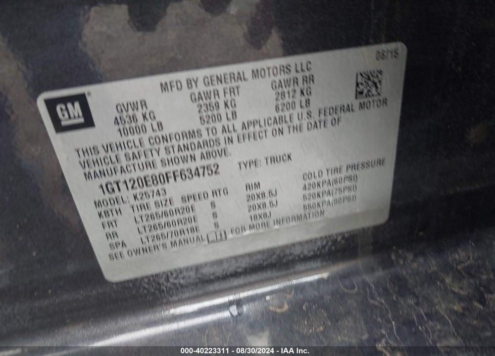 2015 GMC SIERRA 2500HD DENALI VIN: 1GT120E80FF634752