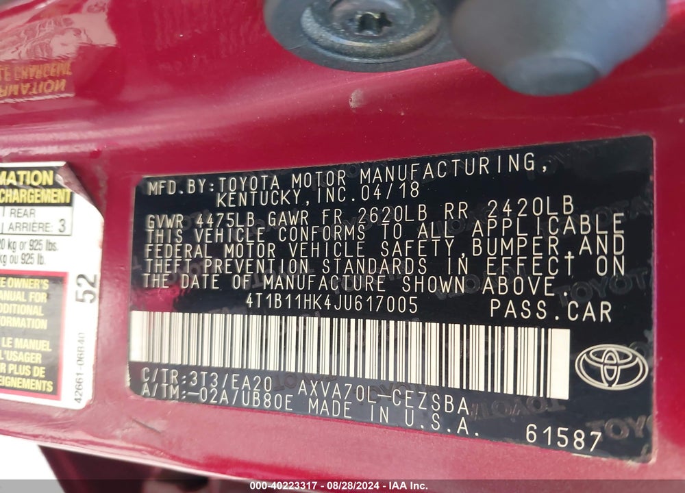 2018 TOYOTA CAMRY L/LE/SE/XLE VIN: 4T1B11HK4JU617005