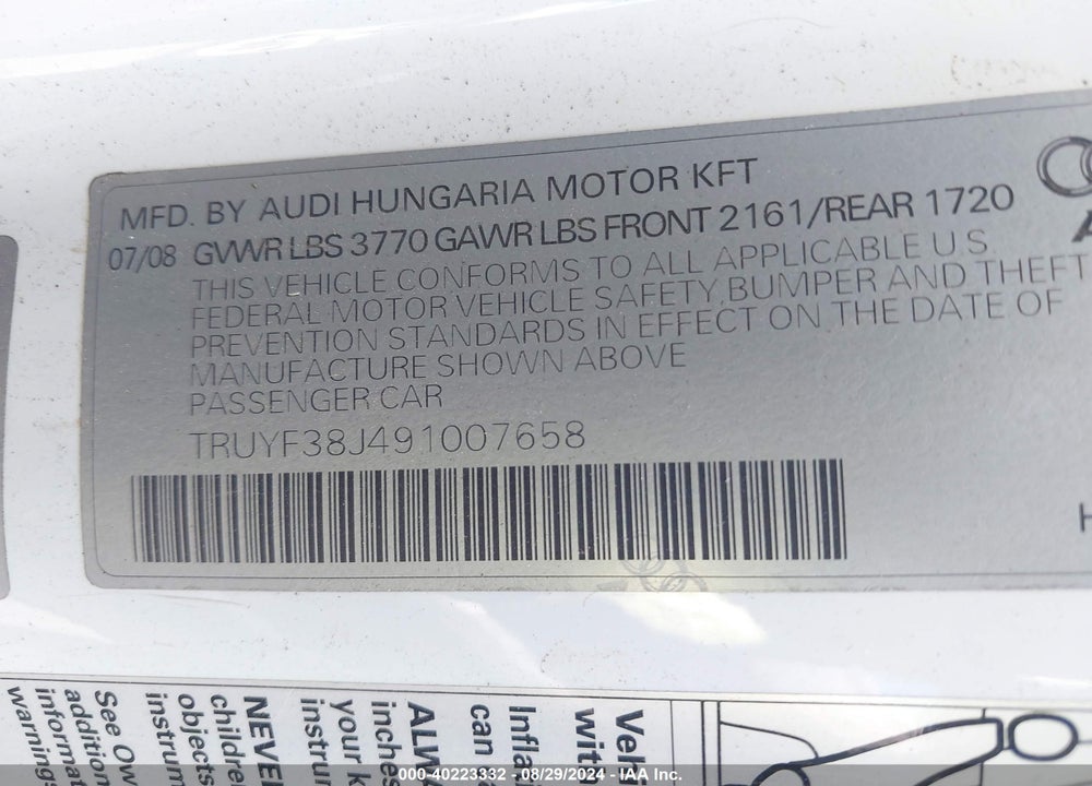 2009 AUDI TT 2.0T VIN: TRUYF38J491007658