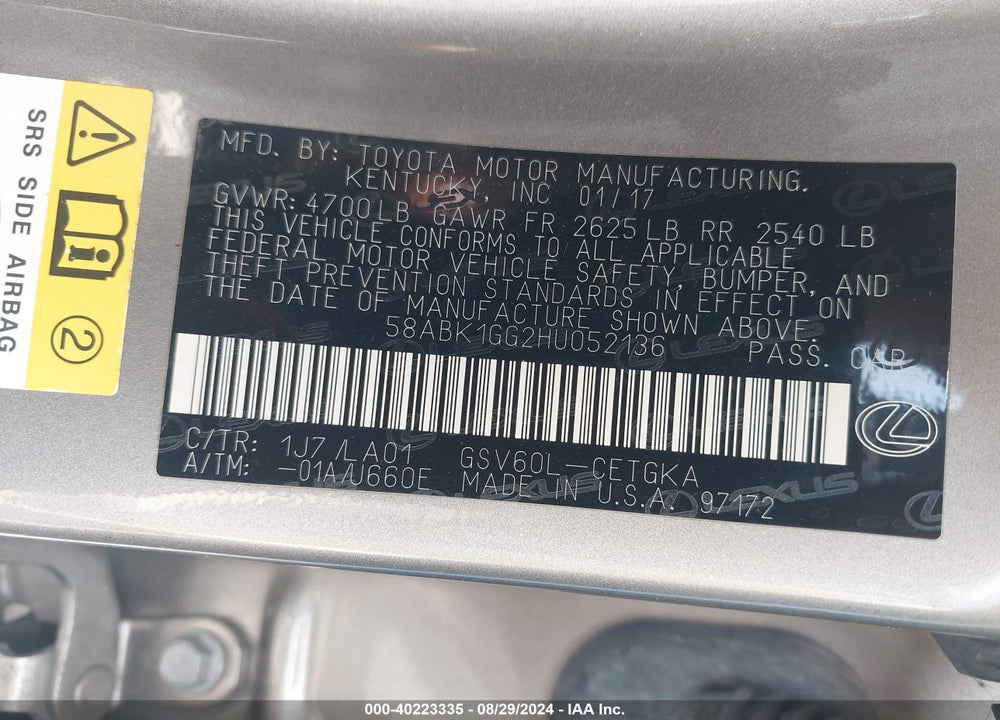 2017 LEXUS ES 350 VIN: 58ABK1GG2HU052136