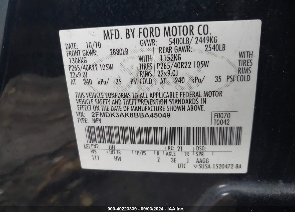 2011 FORD EDGE VIN: 2FMDK3AK8BBA45049