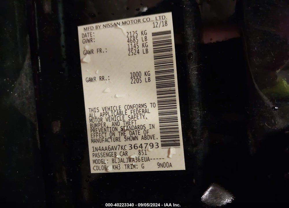 2019 NISSAN MAXIMA 3.5 SV VIN: 1N4AA6AV7KC364793