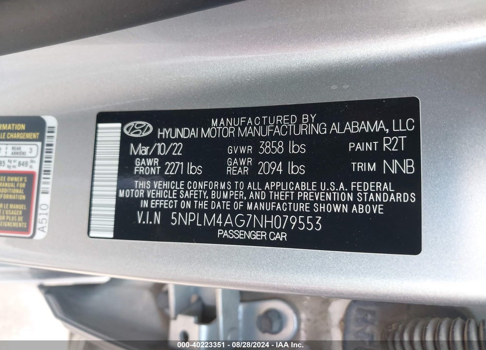 2022 HYUNDAI ELANTRA SEL VIN: 5NPLM4AG7NH079553