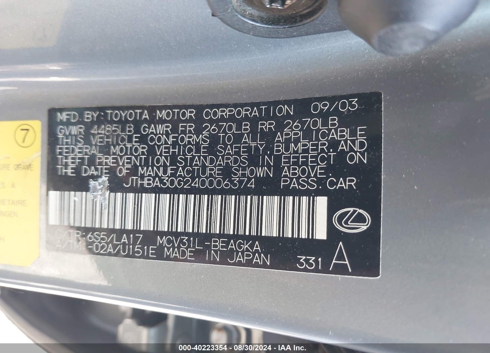 2004 LEXUS ES 330 VIN: JTHBA30G240006374