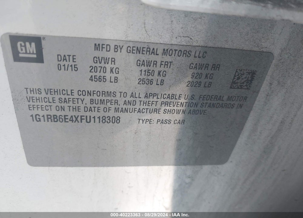 2015 CHEVROLET VOLT VIN: 1G1RB6E4XFU118308