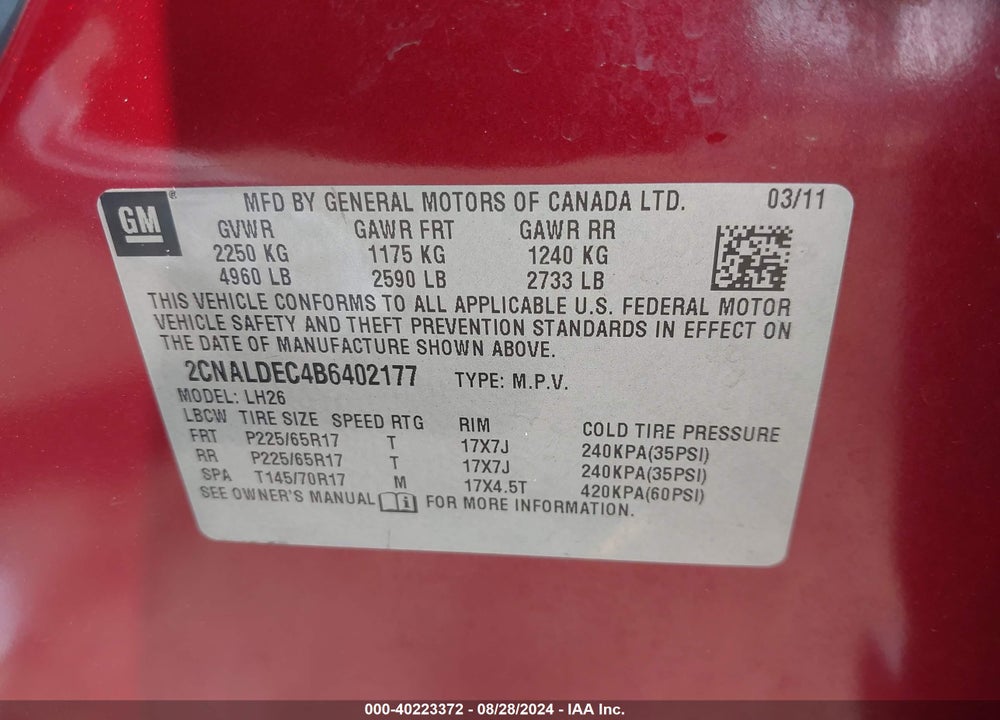 2011 CHEVROLET EQUINOX 1LT VIN: 2CNALDEC4B6402177