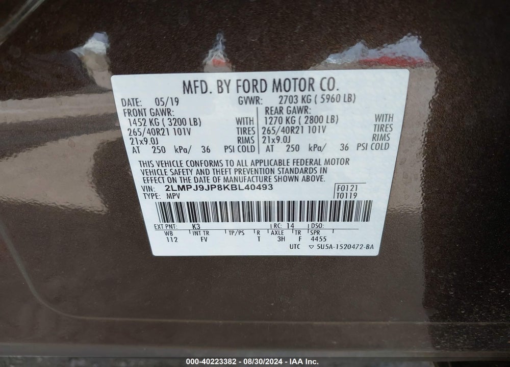 2019 LINCOLN NAUTILUS BLACK LABEL VIN: 2LMPJ9JP8KBL40493