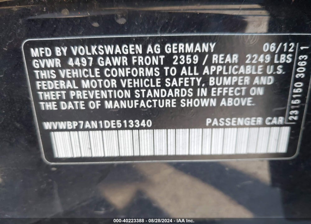 2013 VOLKSWAGEN CC 2.0T SPORT VIN: WVWBP7AN1DE513340