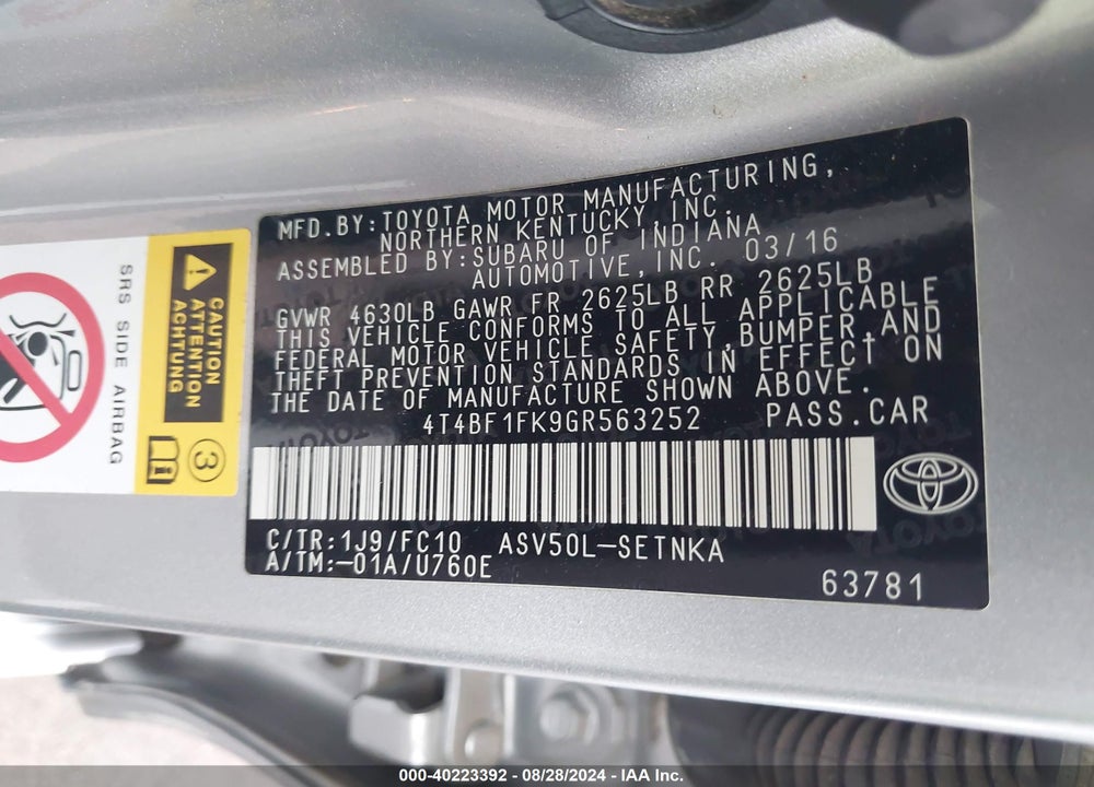 2016 TOYOTA CAMRY LE VIN: 4T4BF1FK9GR563252