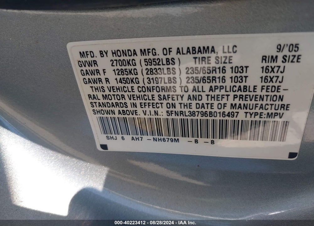 2006 HONDA ODYSSEY EX-L VIN: 5FNRL38796B016497