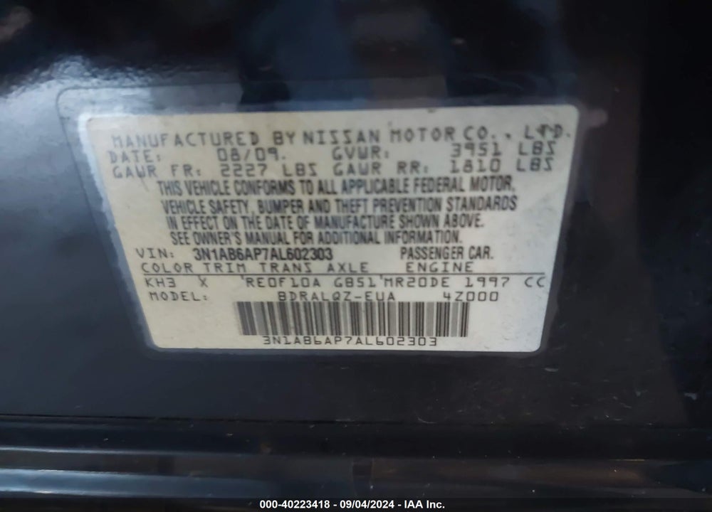 2010 NISSAN SENTRA 2.0 VIN: 3N1AB6AP7AL602303