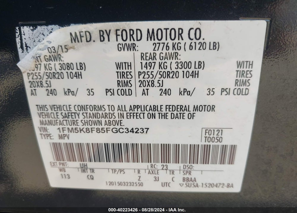 2015 FORD EXPLORER LIMITED VIN: 1FM5K8F85FGC34237
