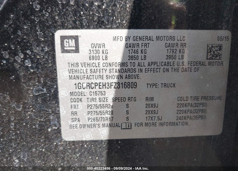 2015 CHEVROLET SILVERADO 1500 WT VIN: 1GCRCPEH3FZ316809