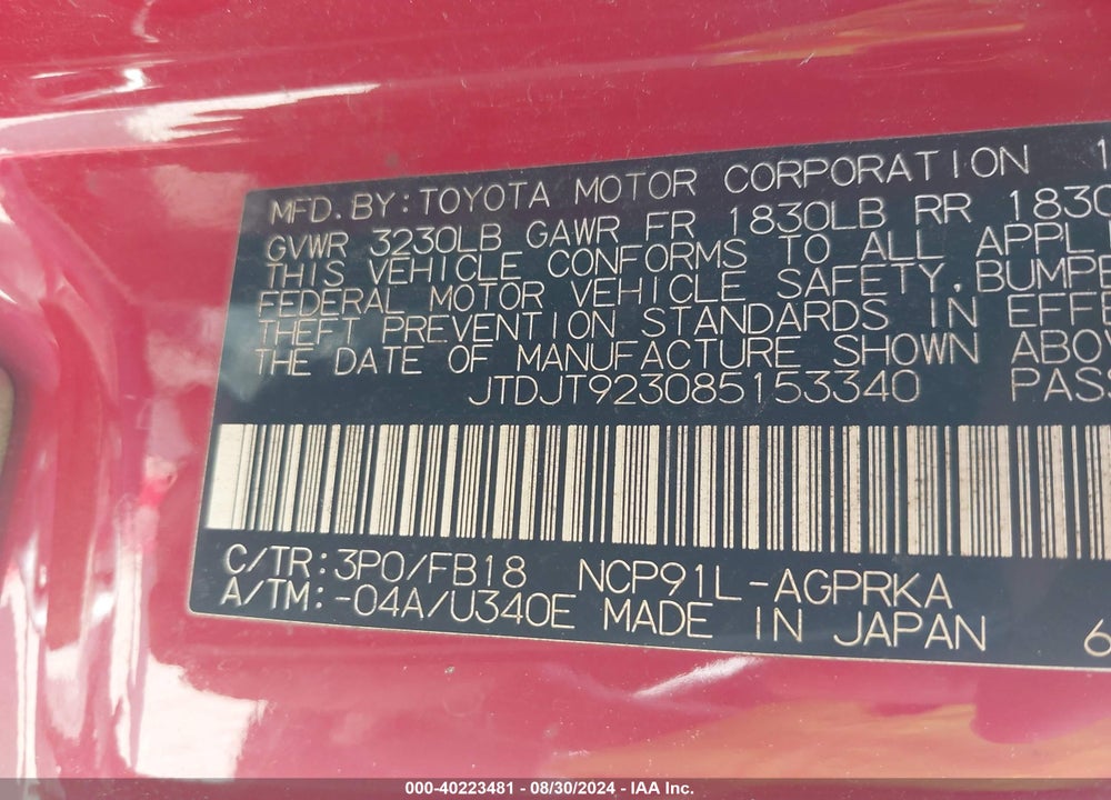 2008 TOYOTA YARIS VIN: JTDJT923085153340
