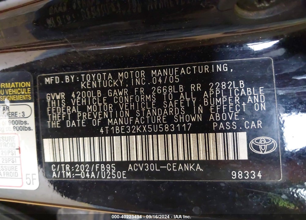 2005 TOYOTA CAMRY LE VIN: 4T1BE32KX5U583117